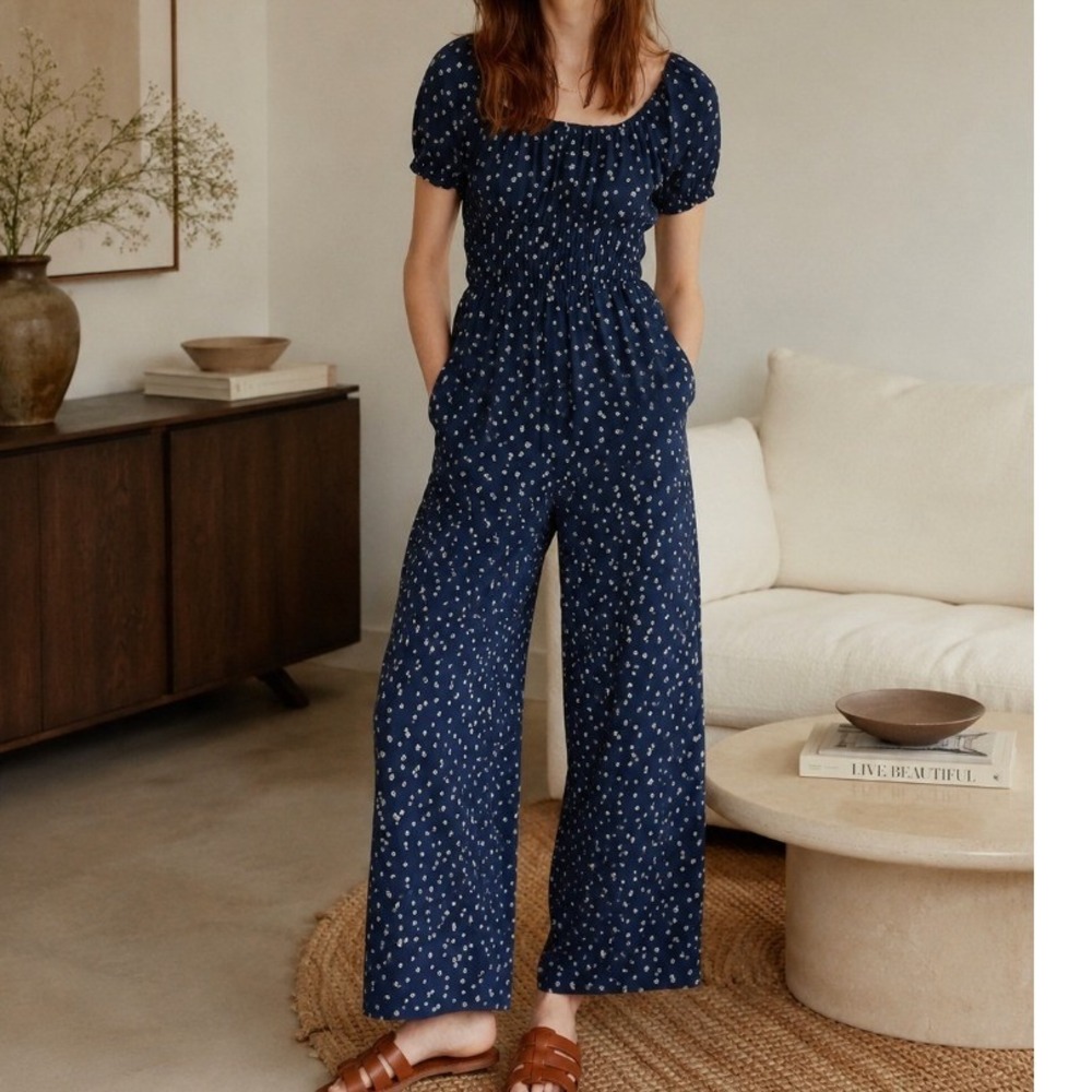 Madewell Sophia Jumpsuit Smocked Floral Wide Leg Large Blue Boho Summer Nautical